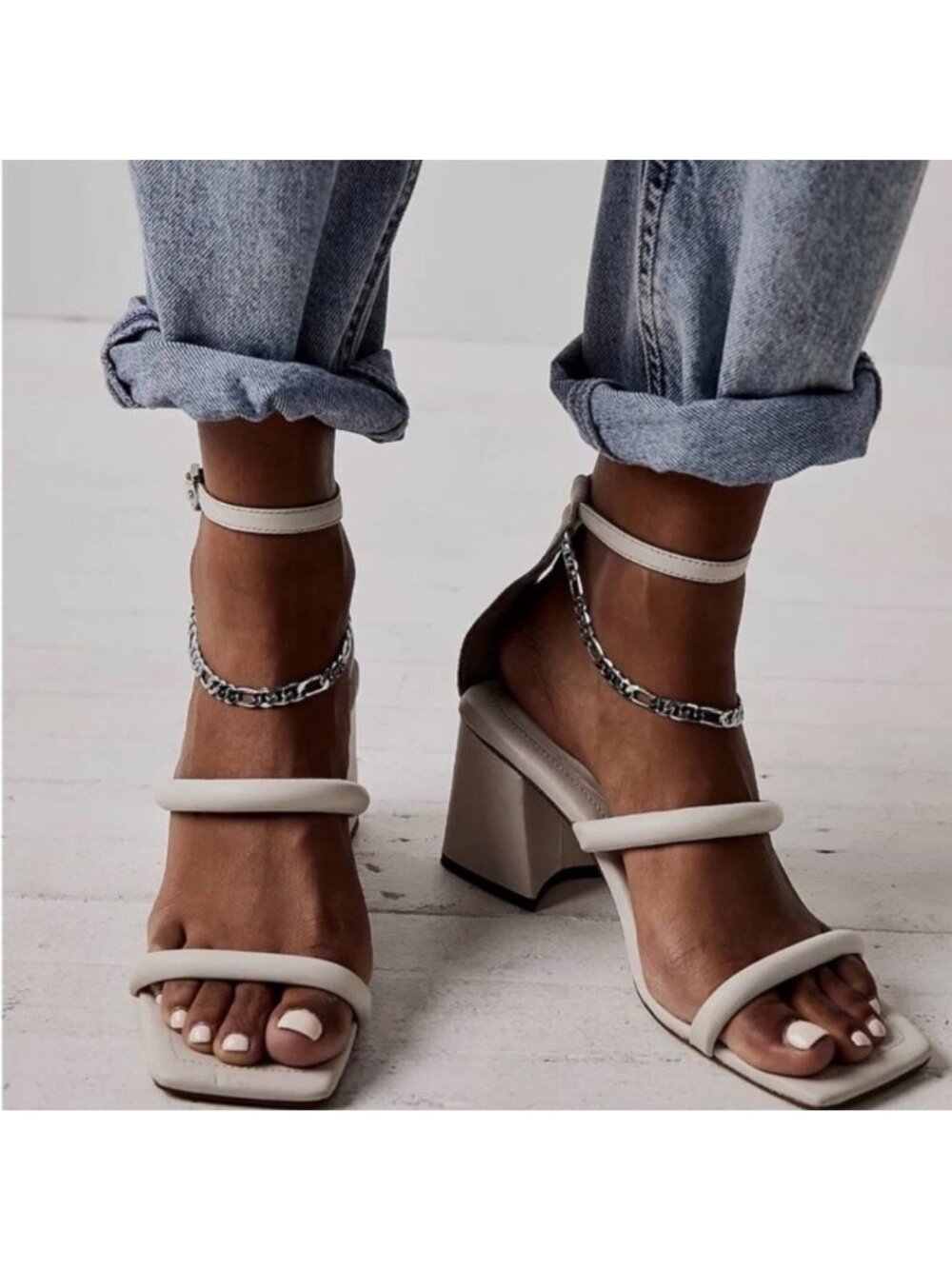 Free People Parker Chain Block Heel Sandals Beige Size 39 US 8.5